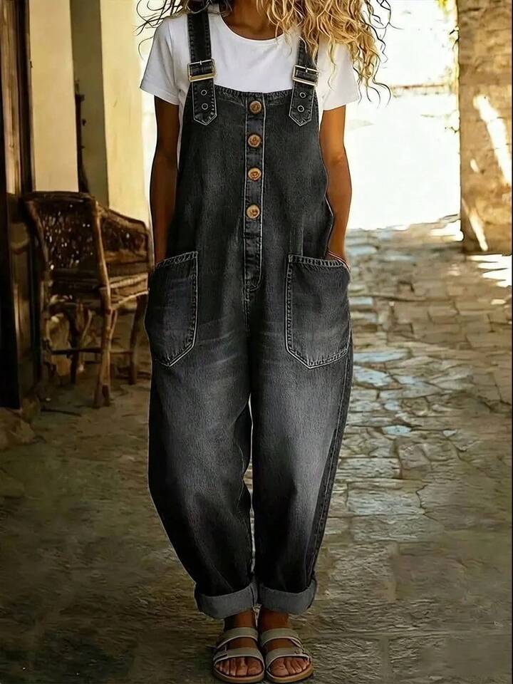 Oversized denim overalls (vintage black)