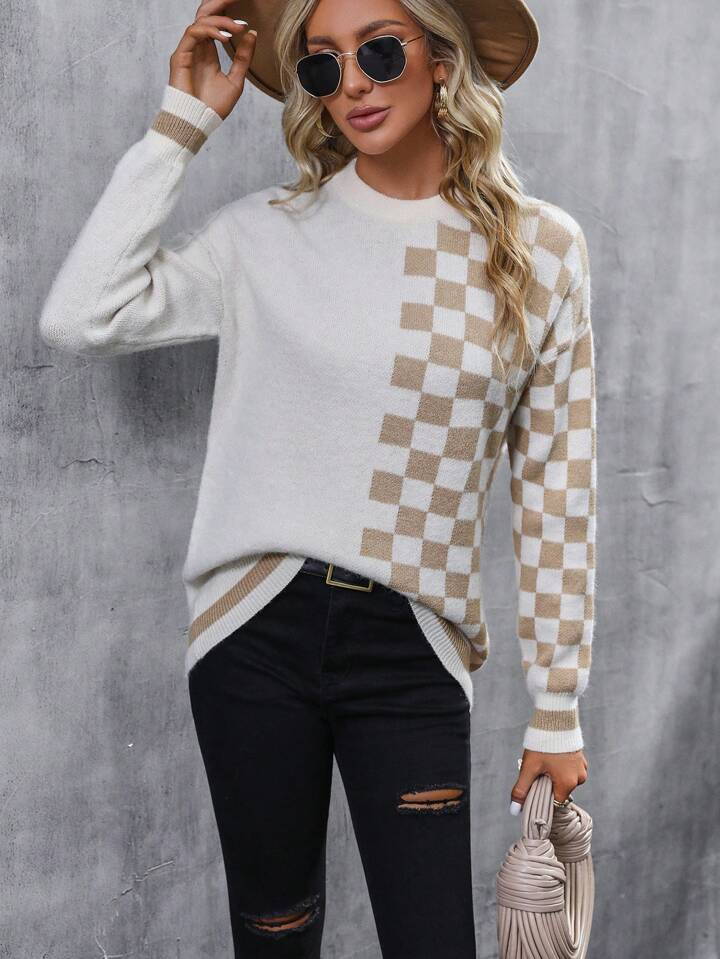 pink/khaki checkered sweater