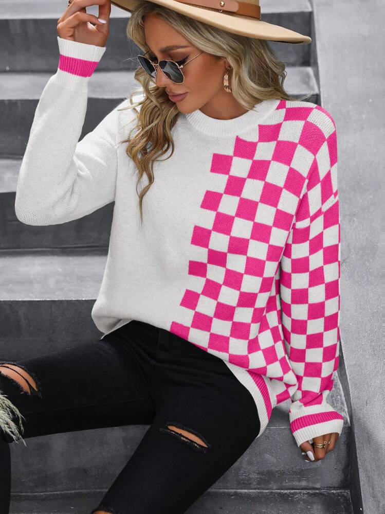 pink/khaki checkered sweater