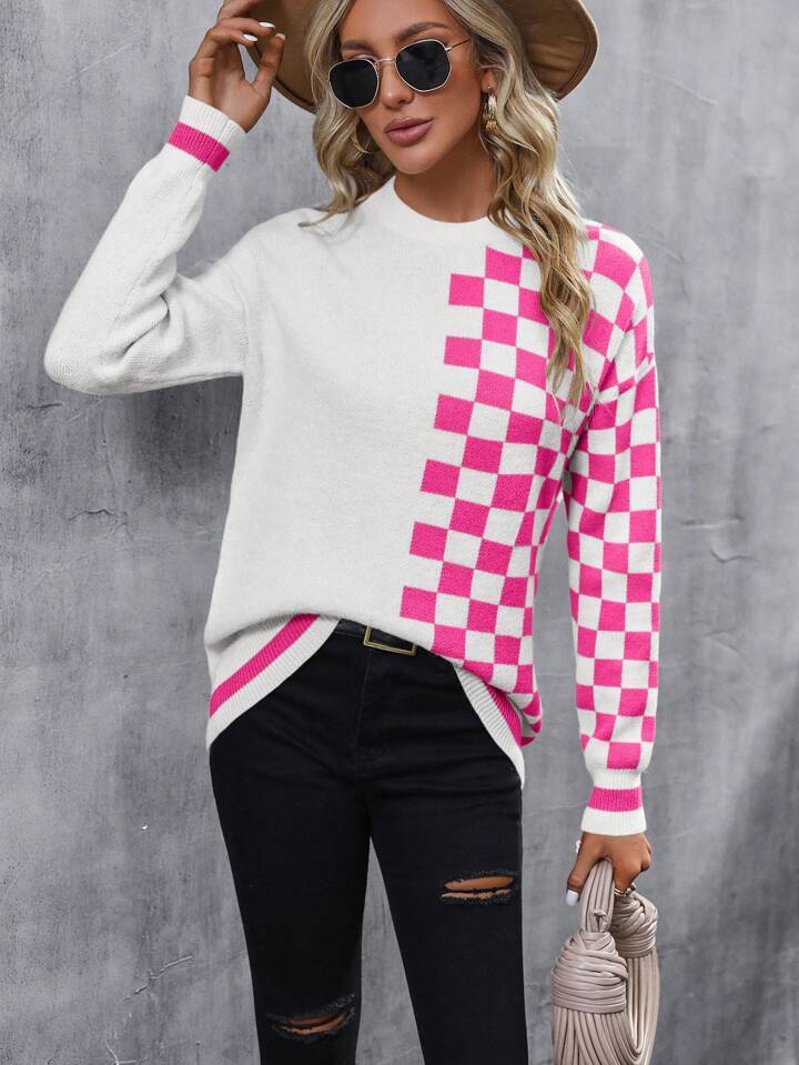 pink/khaki checkered sweater