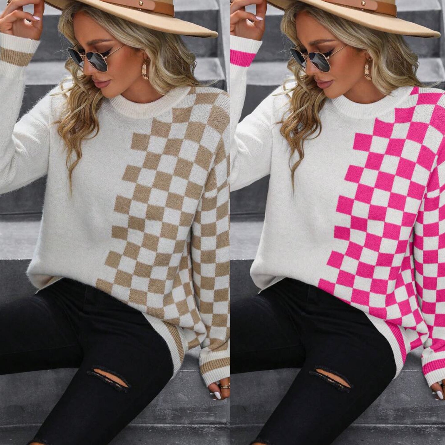 pink/khaki checkered sweater