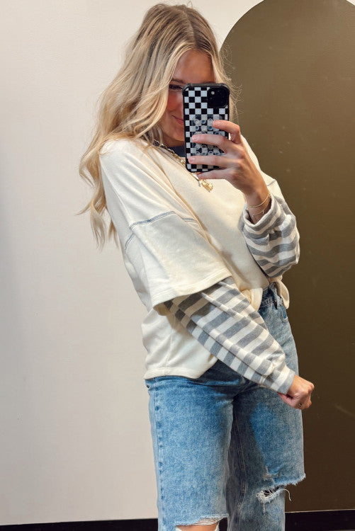 Beige Striped Patchwork Long Sleeve Round Neck Two-in-one Top