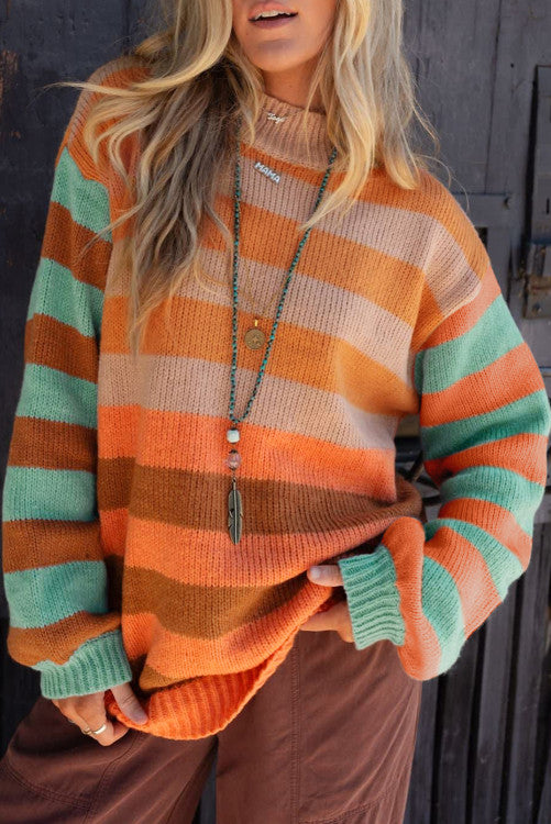 Orange Stripe Color Block High Neck Drop Shoulder Cozy