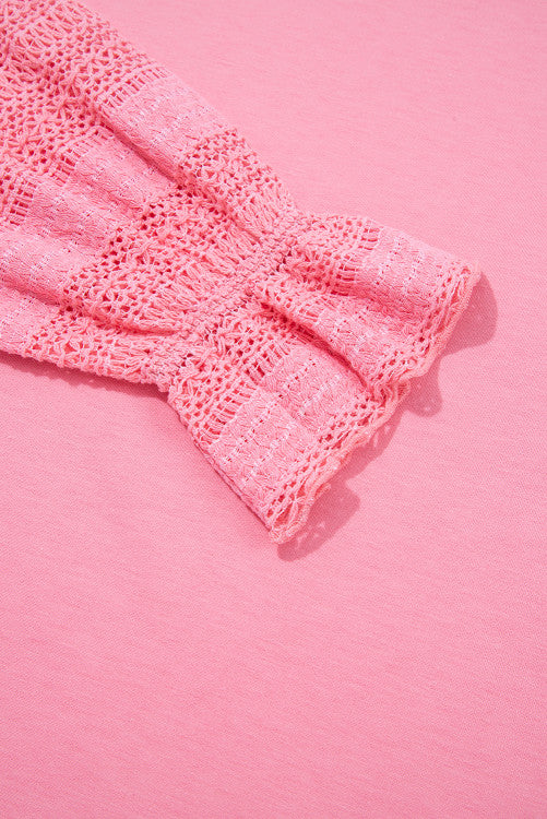Sachet Pink Drop Shoulder Lace Ruffled Sleeve Patchwork Loose Sweatshirt
