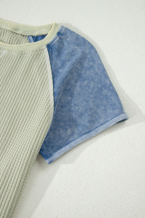šš”š®š«š¬ššš² šššš„ šØš šš”š ššš² Originally $39 Laurel Green Waffle Knit Seam Detail Color Block Patchwork Short Sleeve Top