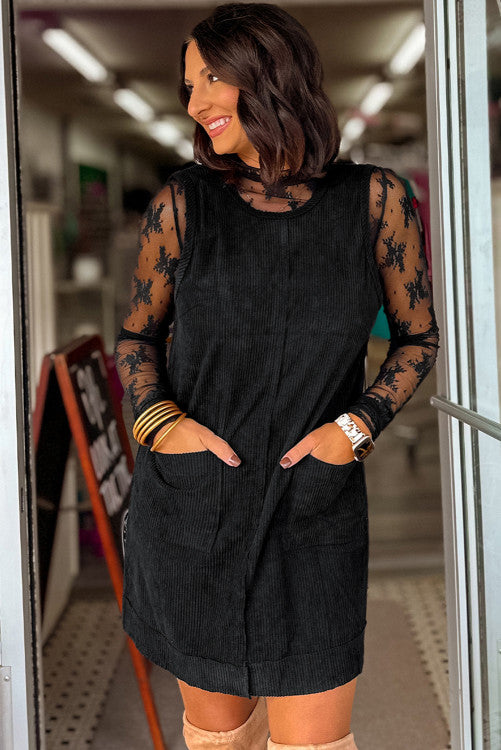 Black Corduroy Sleeveless Mini Dress With Patched Pockets