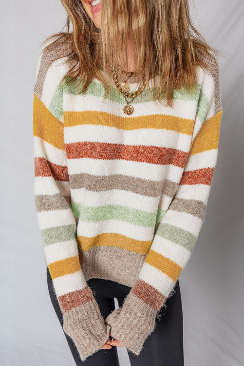 Multicolour Stripe Drop Shoulder Crew Neck