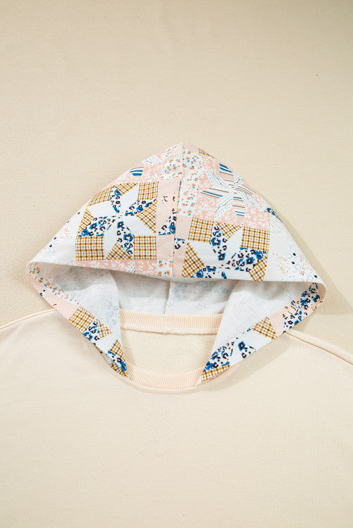 Beige Western Geo Pattern Patchwork Hoodie with Kangaroo Pocket