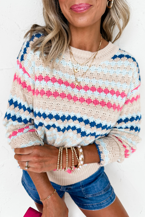 Khaki Stripe Eyelet Patterned Drop Shoulder Sweater