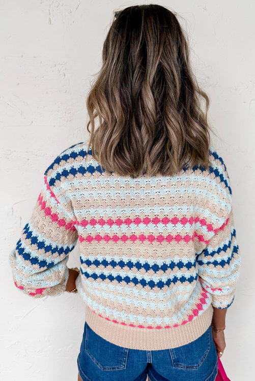 Khaki Stripe Eyelet Patterned Drop Shoulder Sweater