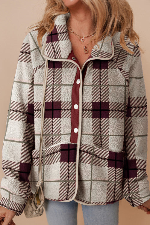 Multicolour Plaid Print Buttoned Stand Collar Fleece Jacket