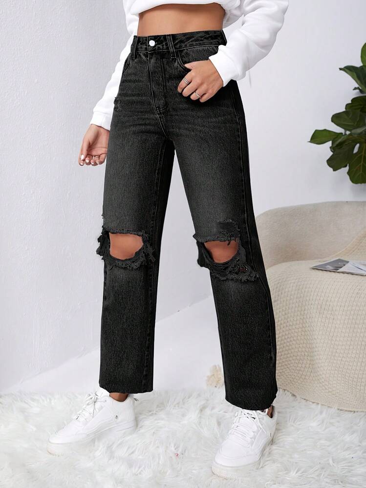 black denim straight leg jeans