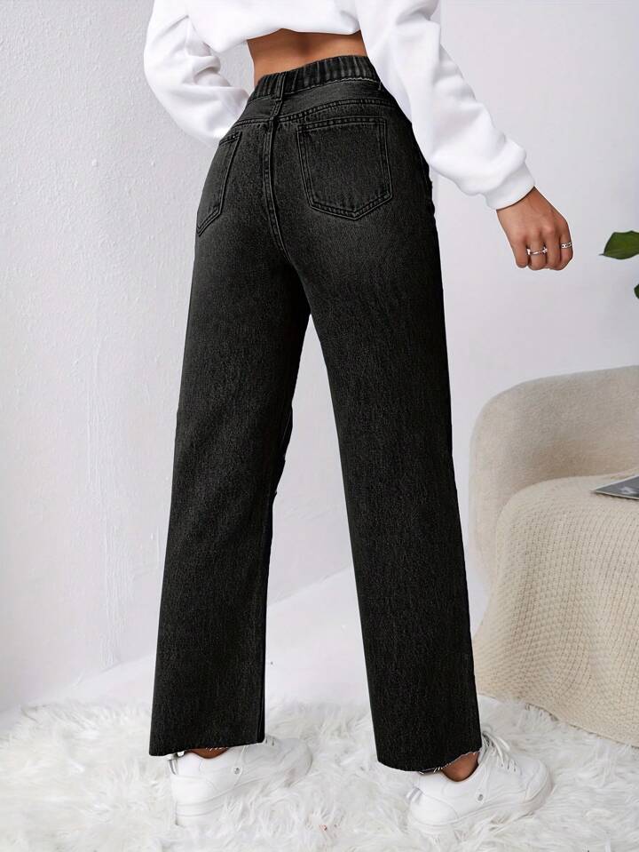 black denim straight leg jeans
