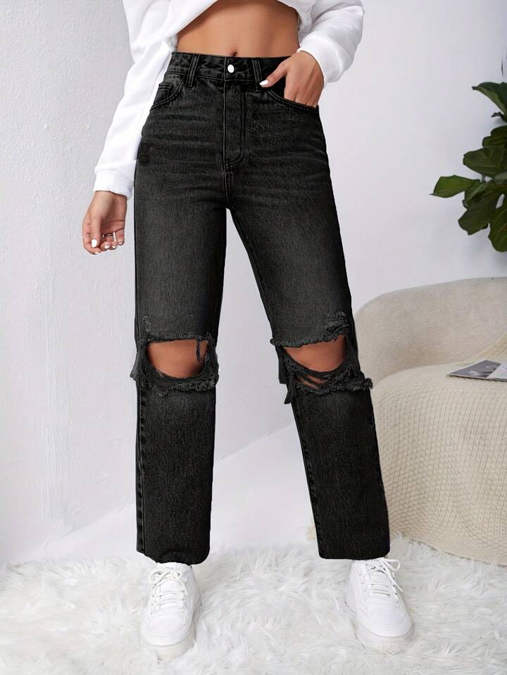 black denim straight leg jeans
