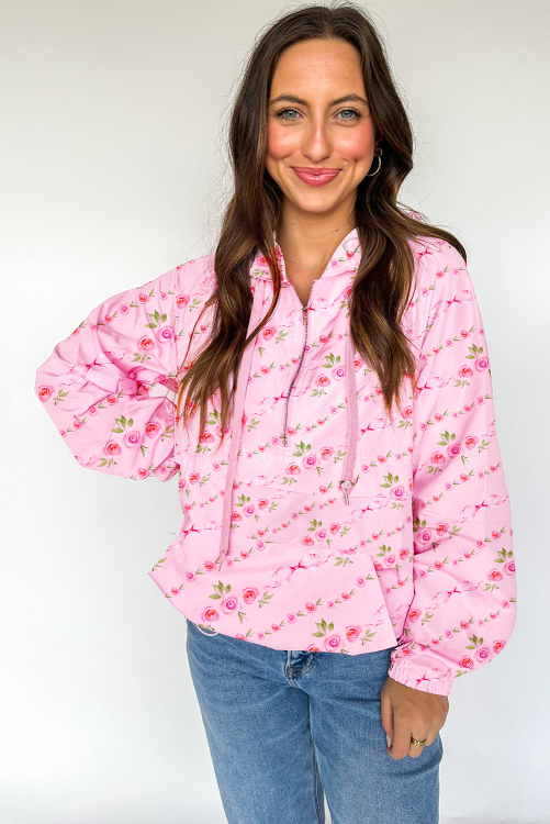 Pink Floral Print Half Zip Kangaroo Pouch Drawstring Hoodie