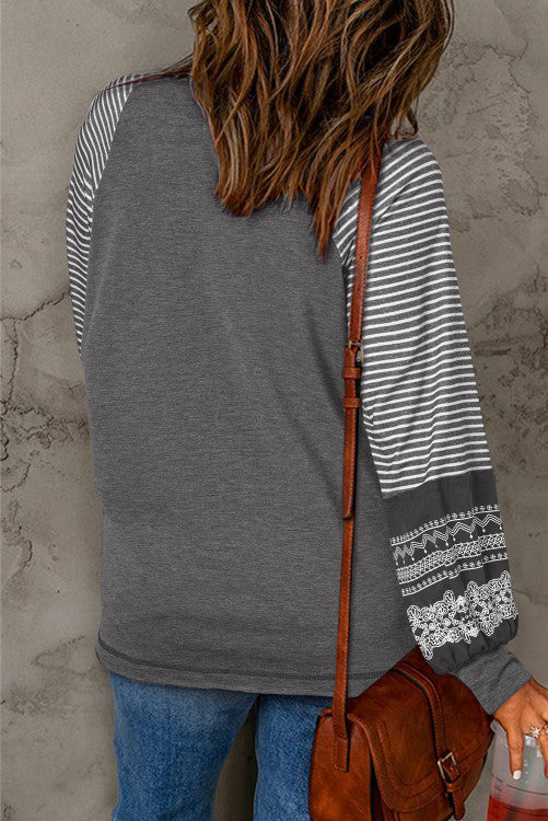Gray Contrast Print Striped Raglan Long Sleeve Loose Top (s-2x)