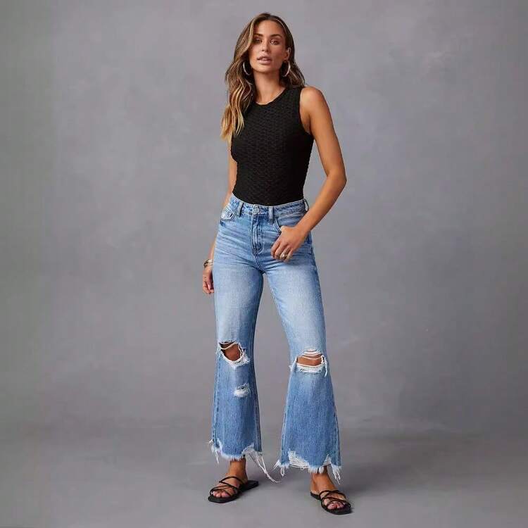 Denim wide leg frayed hem