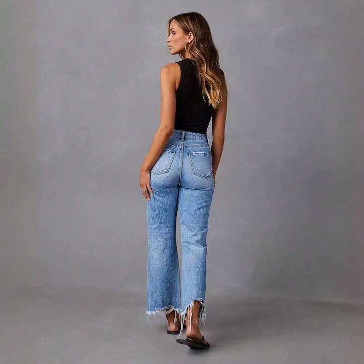 Denim wide leg frayed hem