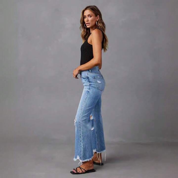 Denim wide leg frayed hem