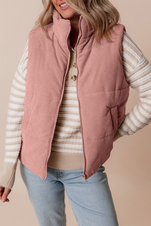 Apricot Pink Corduroy Stand Neck Zipped Puffer Vest