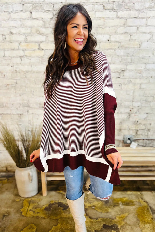Red Stripe Color Block Patchwork Dolman Oversize Tunic Sweater