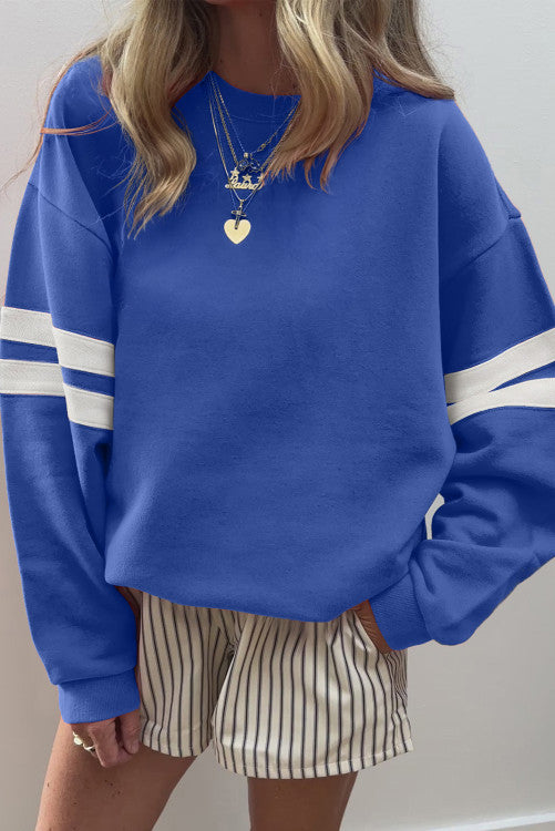 Sky Blue Varsity Striped Detail Drop Shoulder Oversized Sweatshirt