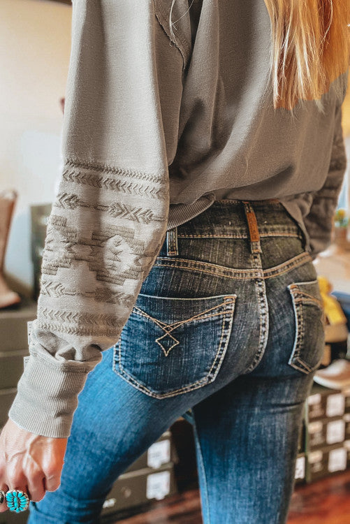 Parchment Aztec Embroidered Western V Neck Sweatshirt