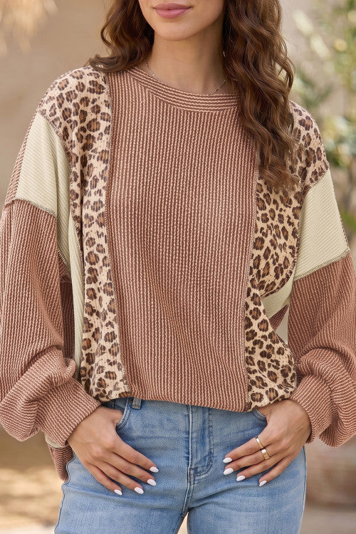 DUNE Leopard Print Colorblock Ribbed Knit Top