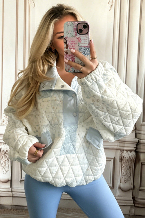 Multicolour Floral Quilted Half Button Pocketed Pullover Sweatshirt