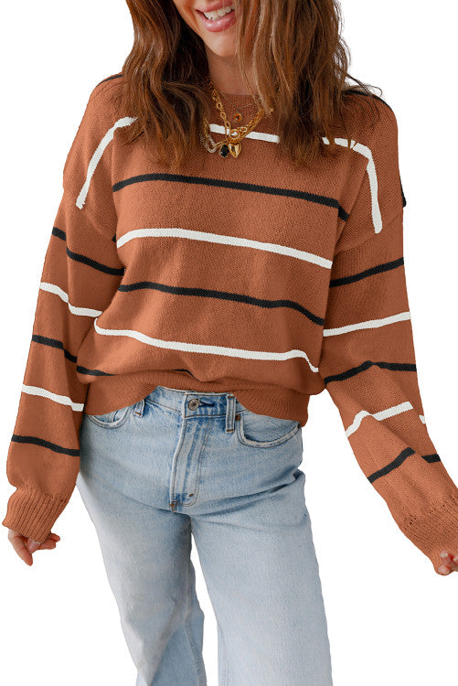 Brown Stripe Striped Ribbed Edge Drop Shoulder Sweater