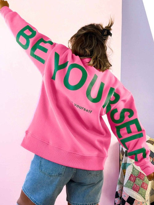 Sachet Pink Slogan Print Round Neck Long Sleeve Sweatshirt