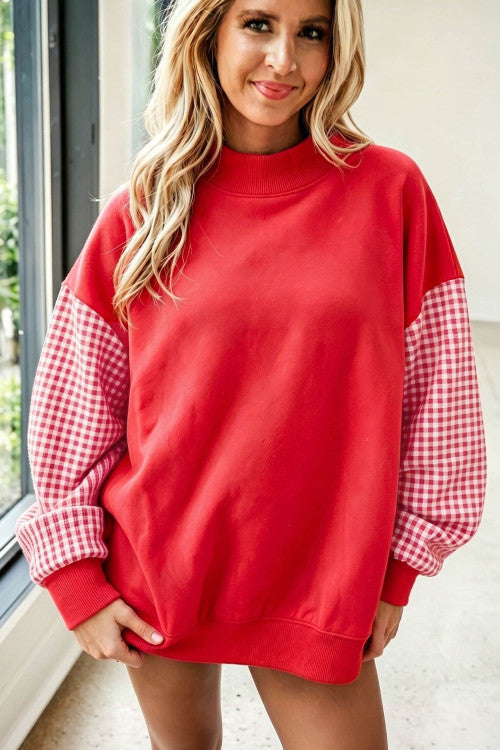 Fiery Red Plaid Sleeve Colorblock Loose Tunic Sweatshirt