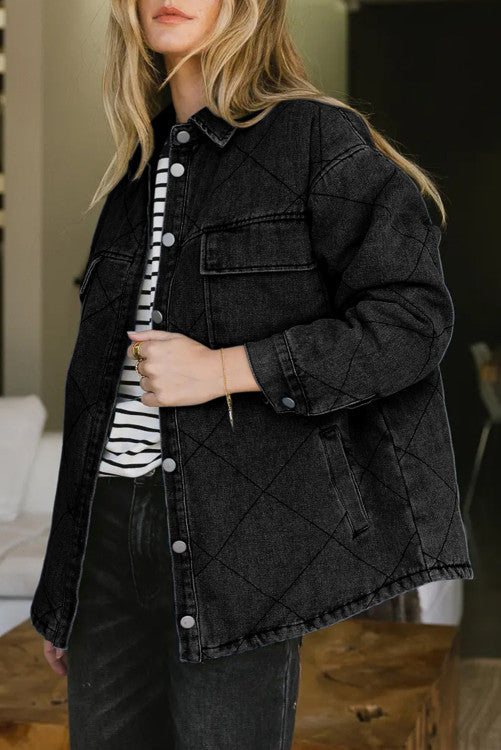 Black Rhombus Stitched Pattern Button Pocketed Denim Jacket