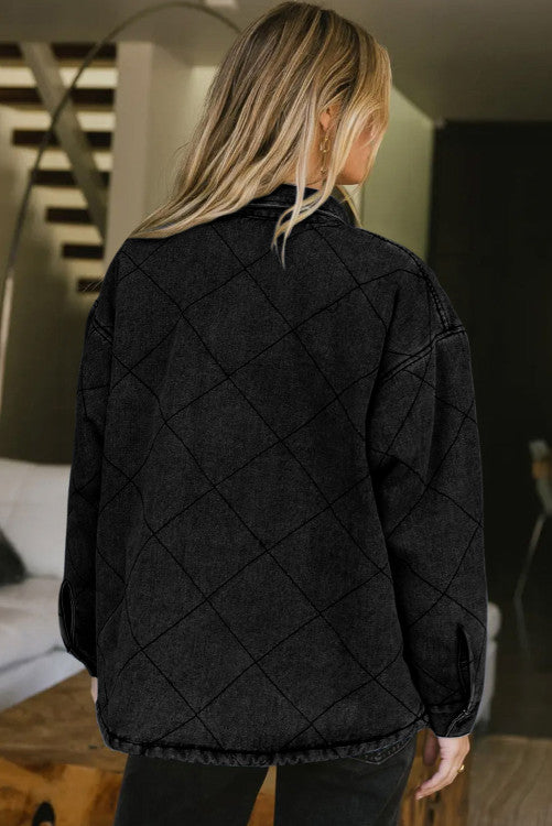 Black Rhombus Stitched Pattern Button Pocketed Denim Jacket