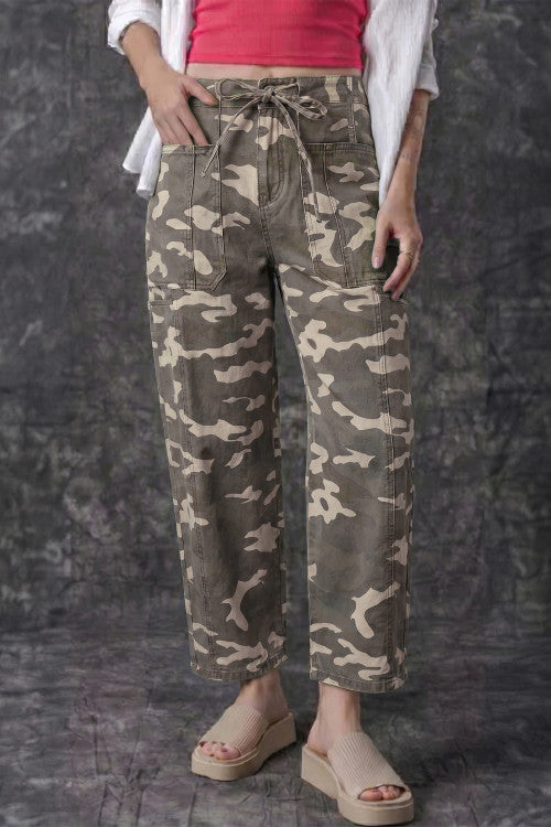 Green Leopard Printed Drawstring Elastic Waistband Pocketed Barrel Jeans