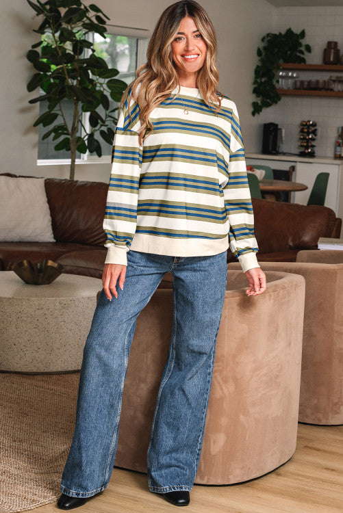 Khaki Stripe Crew Neck Drop Shoulder Pullover Sweatshirt