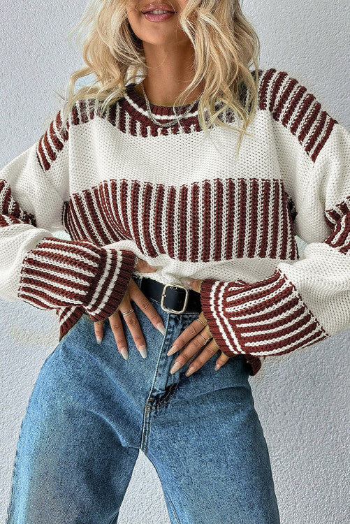 Brown Two Tone Striped Patchwork Drop Shoulder Loose Sweater