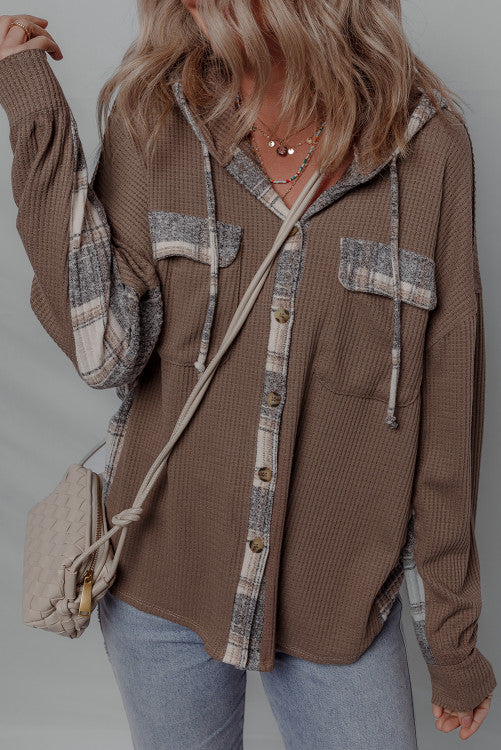 Brown Plaid Patchwork Button Down Drawstring Hooded Shacket