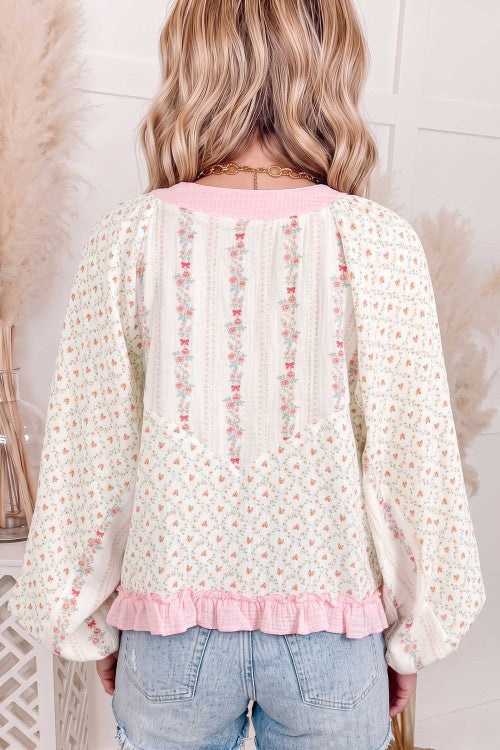 Beige Floral Print Color Block Trim Lace-up V Neck Long Sleeve Blouse