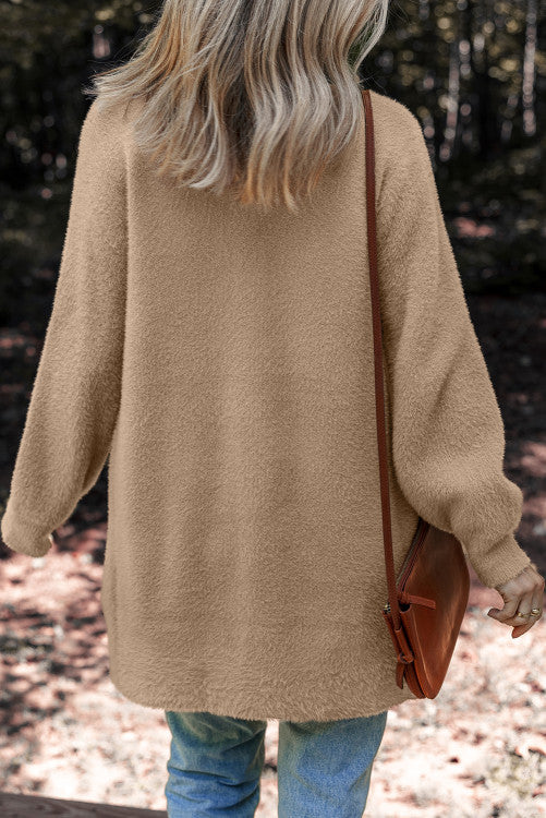 Smoke Gray Fuzzy Buttoned Front Midi Solid Cardigan