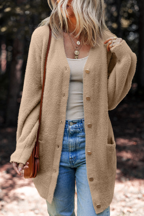 Smoke Gray Fuzzy Buttoned Front Midi Solid Cardigan