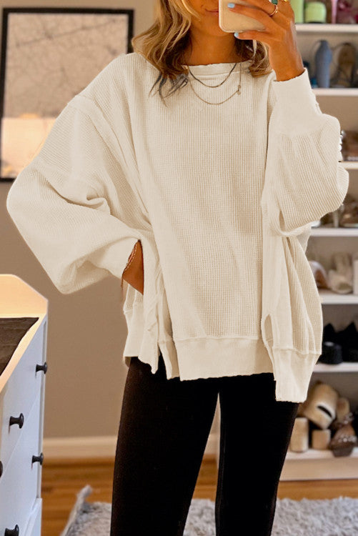 White Waffle knit Bishop Sleeve Split Oversized Top (s-2x)