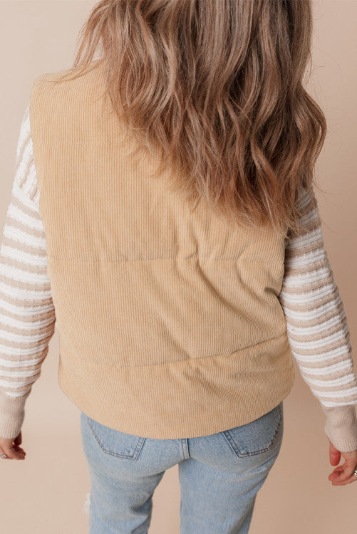 Light French Beige Corduroy Stand Neck Zipped Puffer Vest  (𝐬-𝟐𝐱)