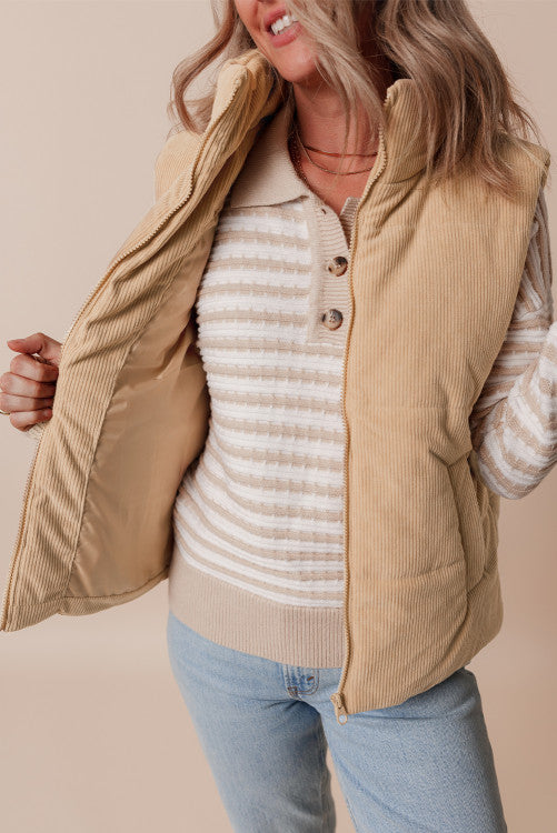 Light French Beige Corduroy Stand Neck Zipped Puffer Vest  (𝐬-𝟐𝐱)
