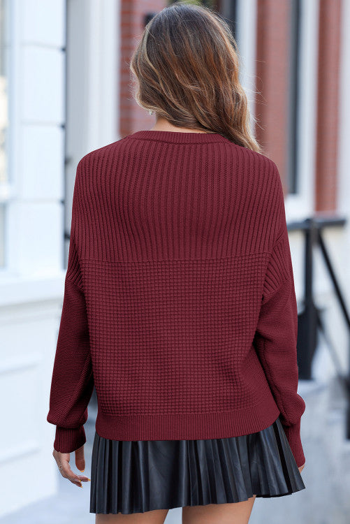 Burgundy Solid Color Mixed Textured Knitted Crew Neck Sweater (s-2x)