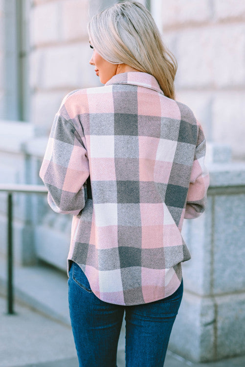 Pink Gray Plaid Color Block Buttoned Long Sleeve Jacket with Pocket (s-2x)