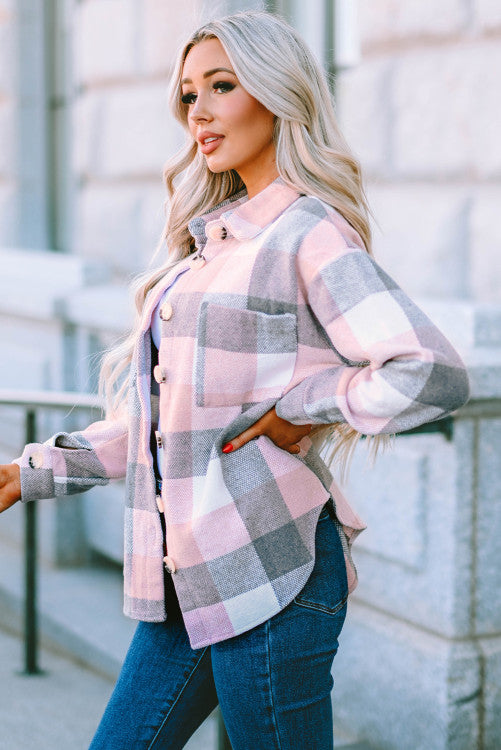 Pink Gray Plaid Color Block Buttoned Long Sleeve Jacket with Pocket (s-2x)