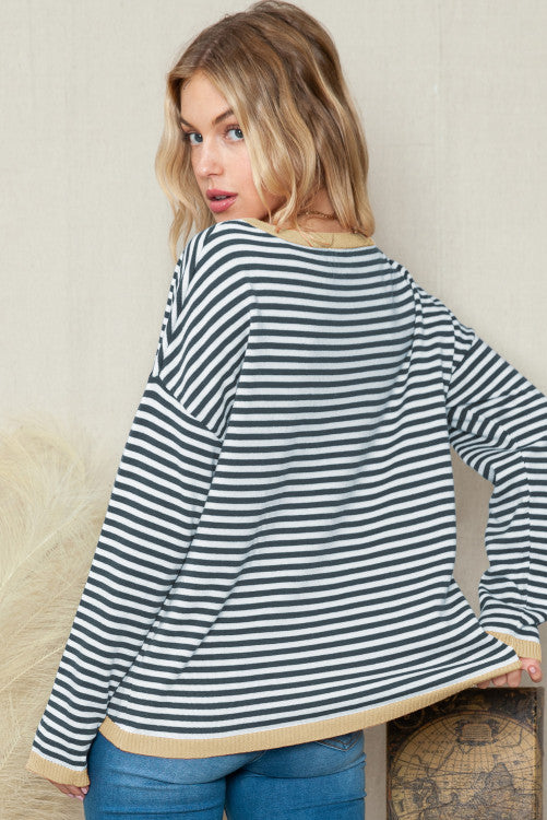 Dark Grey Striped Contrast Trimmed Drop Shoulder Sweater (s-2x)