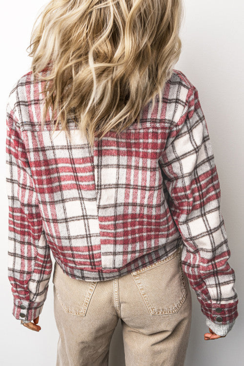DEAL OF THE DAY Red Plaid Flannel Metal Button Collar Long Sleeve Vintage Shift Jacket (Originally$78)