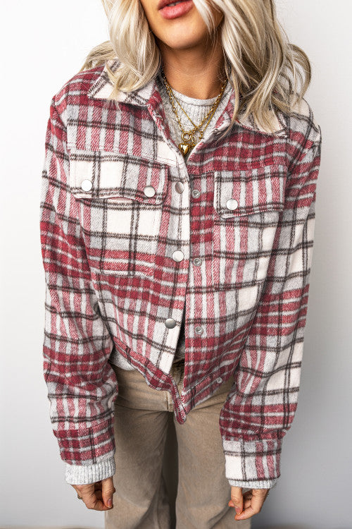 DEAL OF THE DAY Red Plaid Flannel Metal Button Collar Long Sleeve Vintage Shift Jacket (Originally$78)